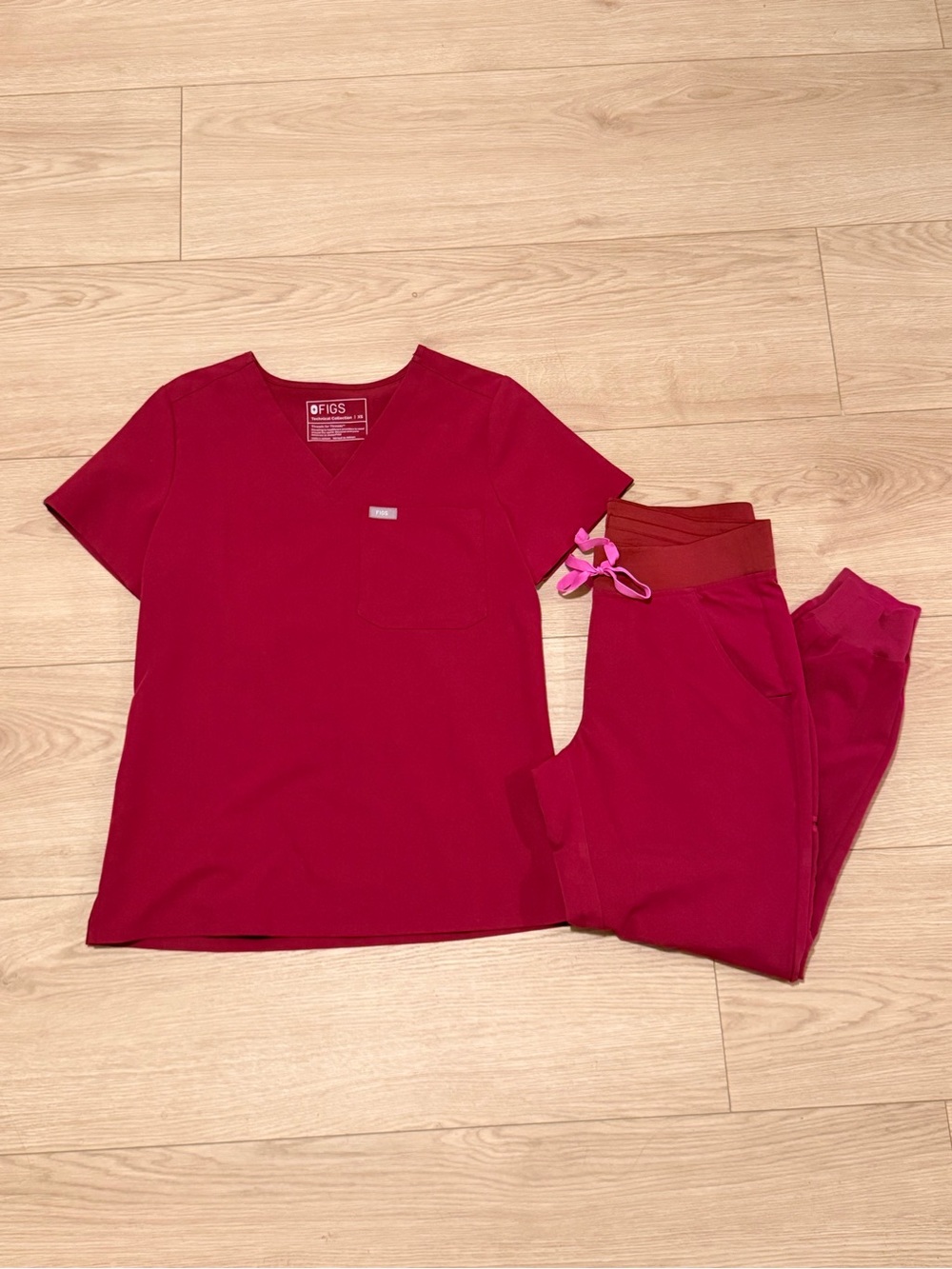 Figs Women's Scrub Set in Deep Cranberry Red with Pink Drawstring